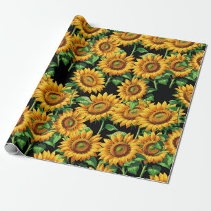 Black Sunflower Floral Cottagecore Pattern Wrapping Paper
