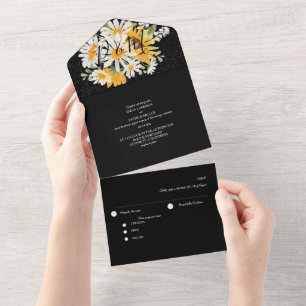 Black Sunflowers Daisy Glitter Summer Wedding All In One Invitation