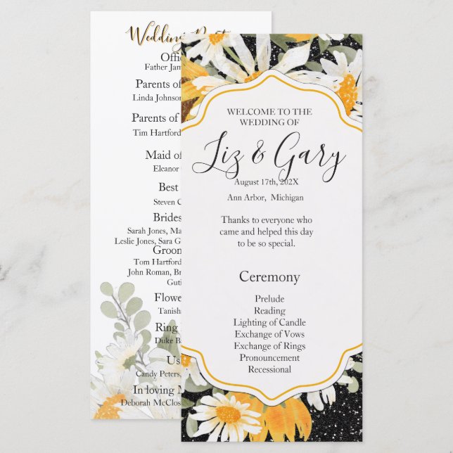 Black Sunflowers Glitter Summer Wedding Program (Front/Back)