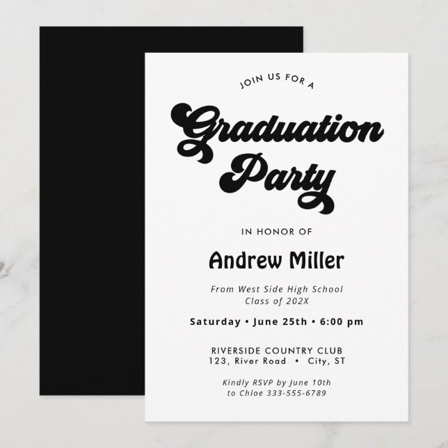 Black Super rétro Graduation Party Invitation (Devant / Derrière)