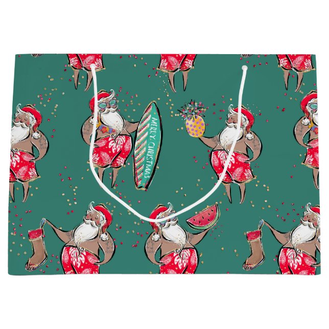 Black Surfin' Santa Tropical Holiday Gift Bag (Front)