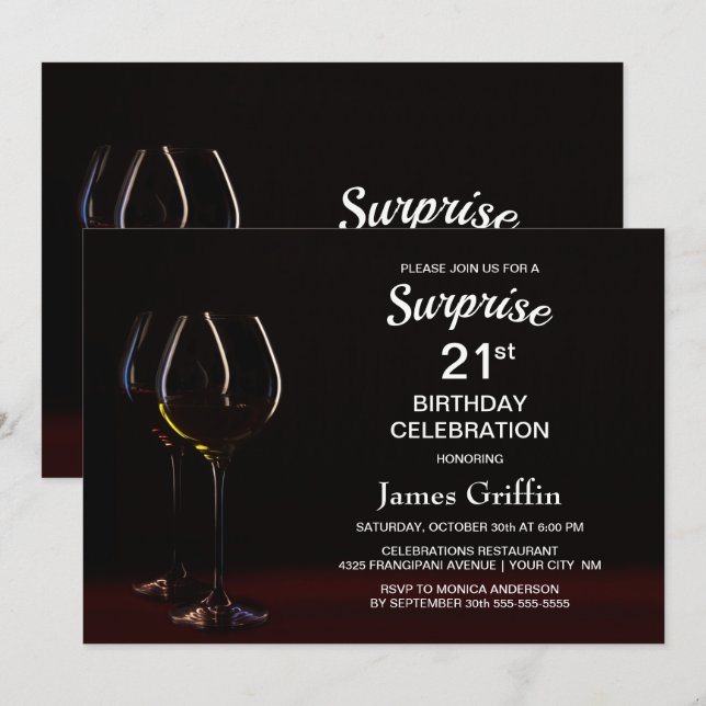 Black Surprise 21st Birthday Wine Glass Party Invitation (Front/Back)