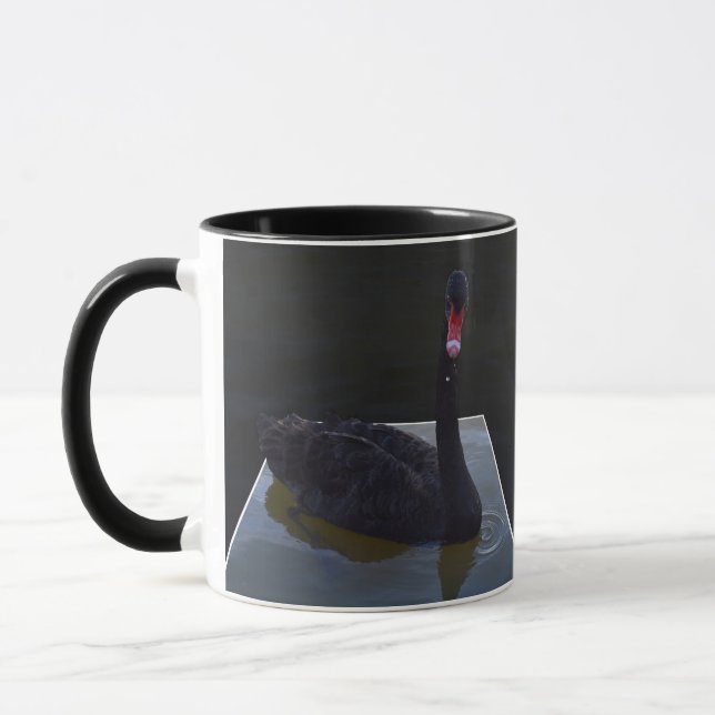 Black Swan Swimming In Dimensional Pond, Mug (Left)