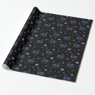 Black Swans in Lily Pond Pattern Wrapping Paper
