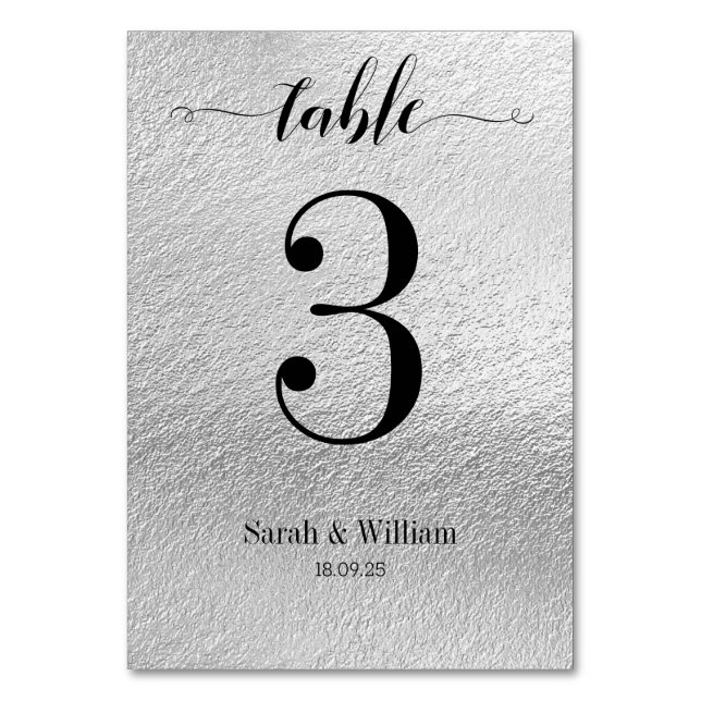Black Swash Calligraphy Silver Wedding Table Number (Front)