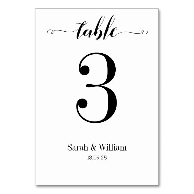 Black Swash Calligraphy Wedding Table Number (Front)