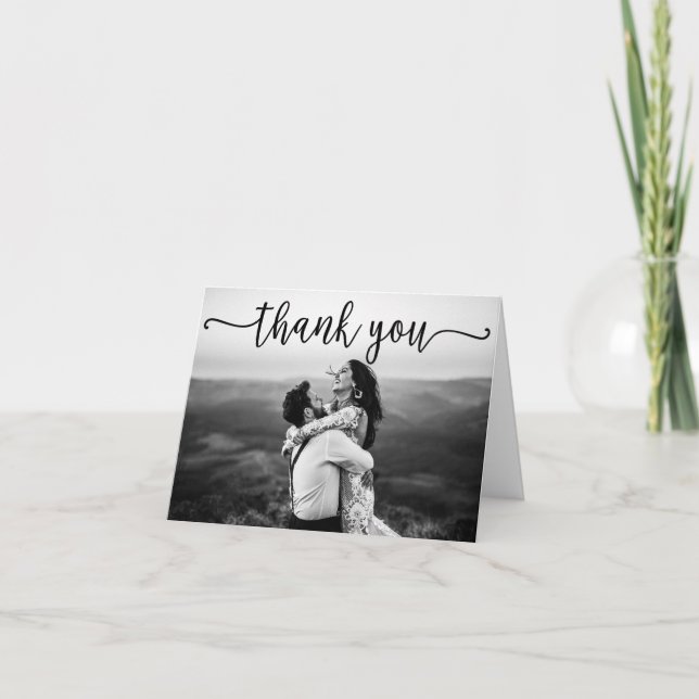 Black Swash Script Photo Wedding Thank You Card (Front)