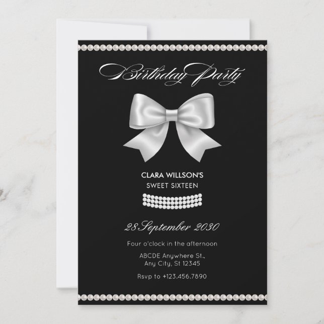 Black sweet bow pearl birthday  invitation (Front)