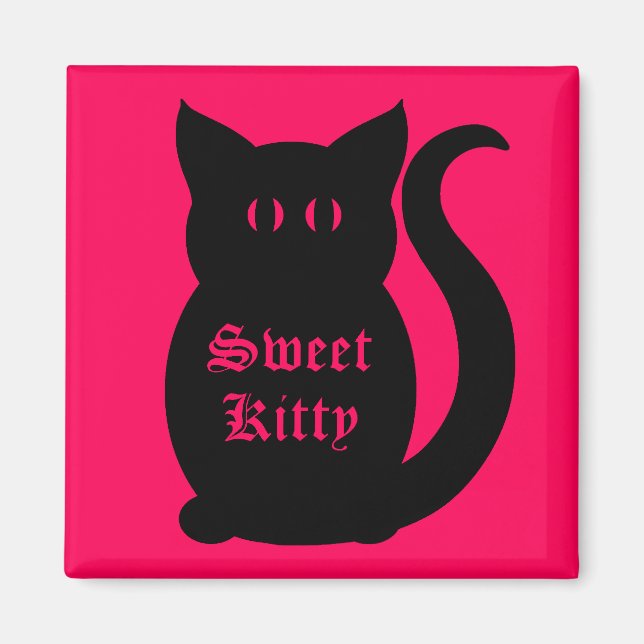 Black sweet kitty on hot pink magnet (Front)