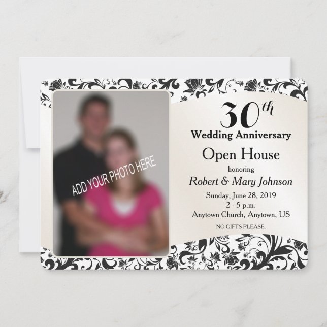 Black Swirl & Cream 30th Wedding Anniversary Photo Invitation (Front)