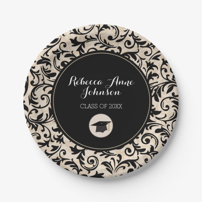 Black Swirl Damask on Tan, Personalized Graduation Paper Plate (Front)
