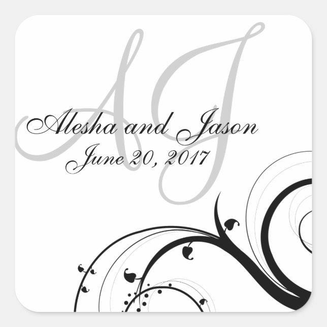 Black Swirl Grey Initials Wedding Favour Label (Front)