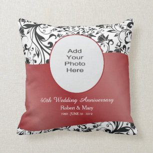 Black Swirl & Red 40th Wedding Anniversary Photo Throw Pillow