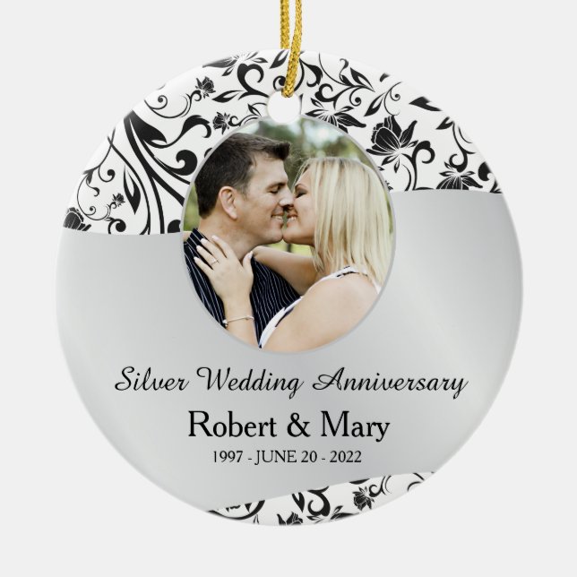Black Swirl & Silver 25th Wedding Anniversary Ceramic Ornament (Front)