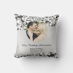 Black Swirl & Silver 25th Wedding Anniversary Throw Pillow