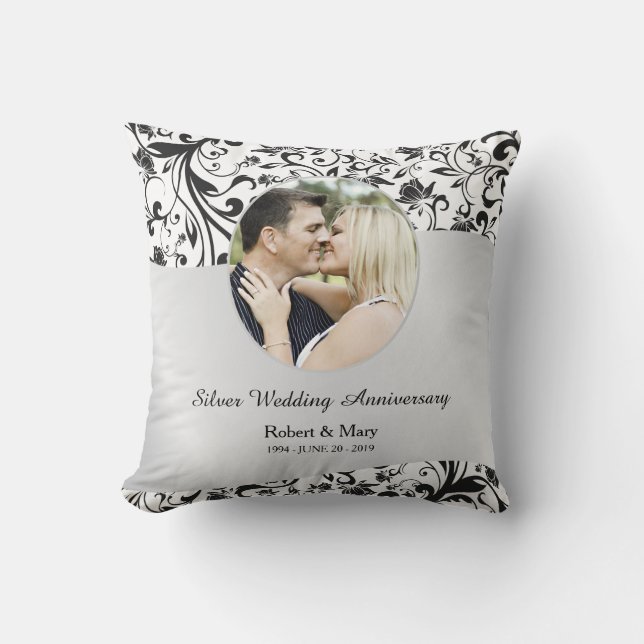 Black Swirl & Silver 25th Wedding Anniversary Throw Pillow (Front)