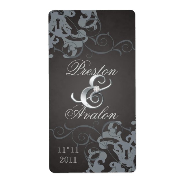 Black Swirl Silver Jewelled Wedding Wine Label (Front)