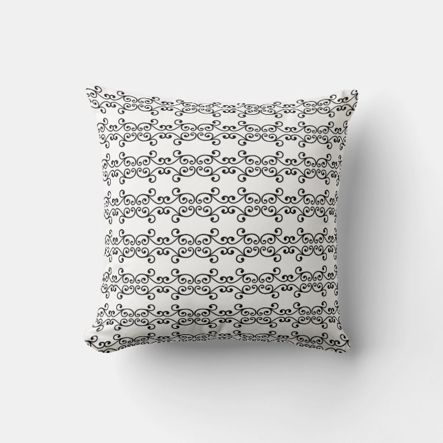 Black Swirl Vector Pattern on White Throw Pillow (Front)