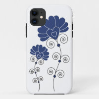 Black Swirls Blue Flowers Pattern - White