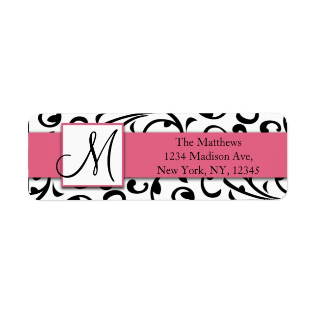 Black Swirls Damask Pink Return Address Labels (Front)