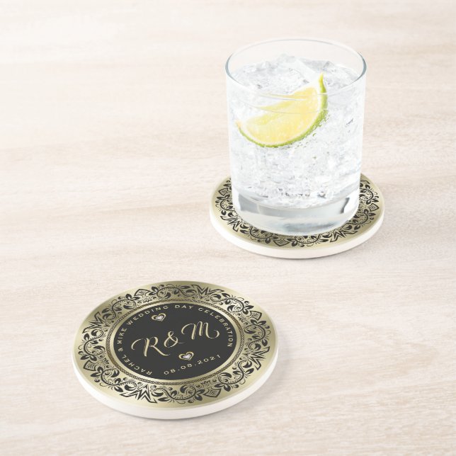 Black swirls frame on gold wedding monogram coaster (Side)