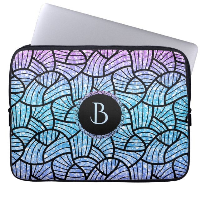 Black Swirls Pattern on Colourful Glitter Print Laptop Sleeve (Front)