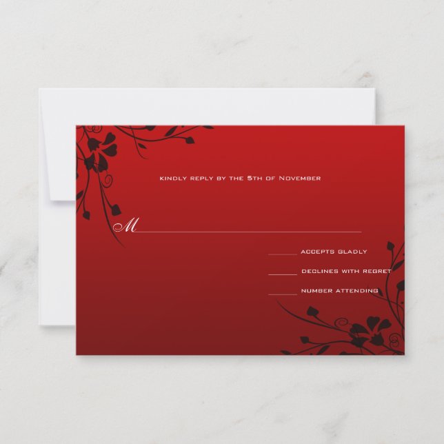 Black Swirls  Red Metallic Damask Wedding RSVP Card (Front)