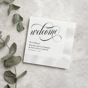 Black Swirly Script Wedding Welcome Napkin