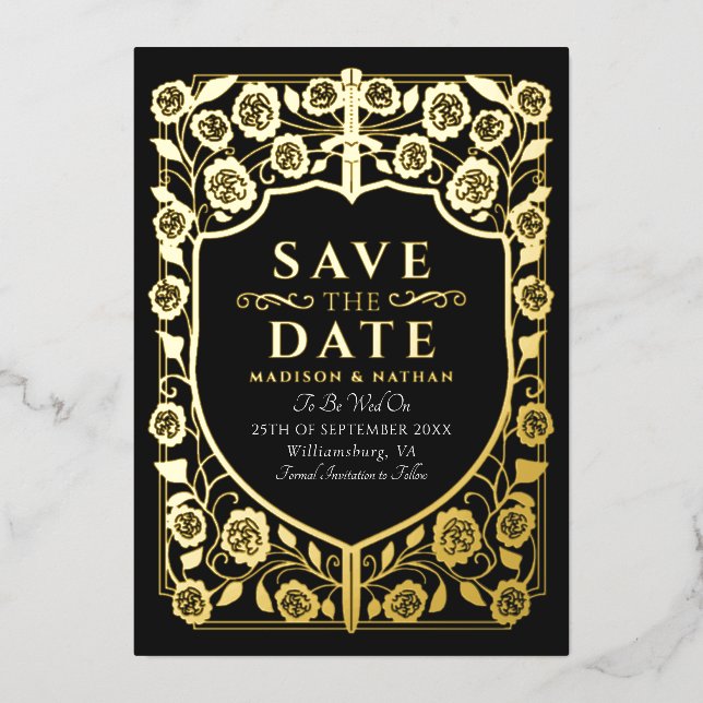Black Sword Shield Medieval Monogram Save the Date (Front)