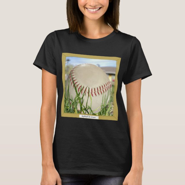Black T-Shirt Graphic Design “Softball In Grass” (Front)