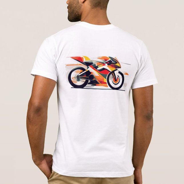 Black t-shirt with a bold motorcycle design. (Back)