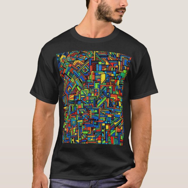 Black T-Shirt with Colourful Squares Design (Front)