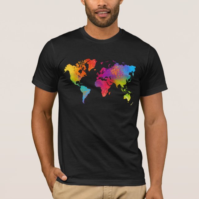 Black T-Shirt with colourful world map (Front)