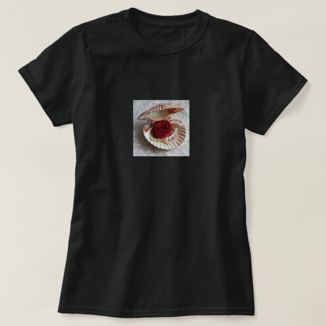 Black T-Shirt with Open Seashell, Rose & Pearl Ele (Design devant)
