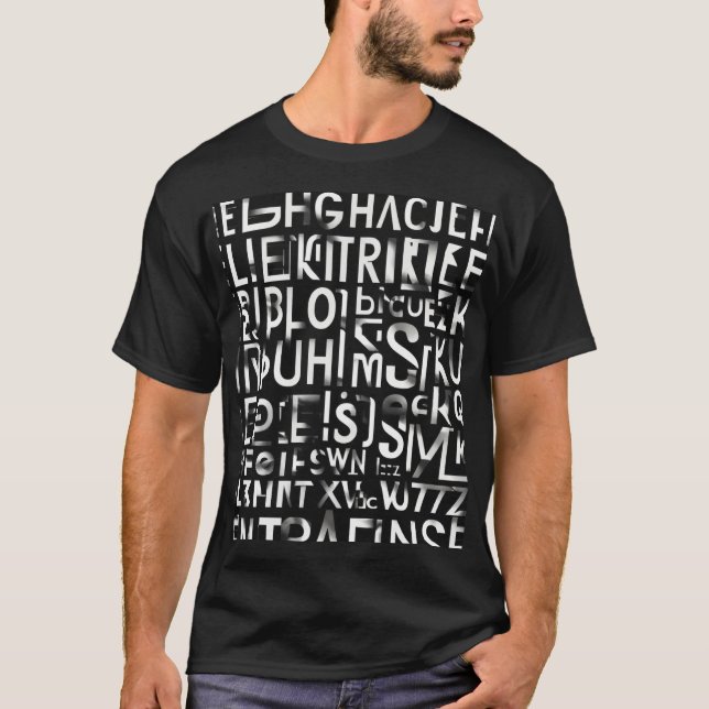 Black T-Shirt with Words Sticker on It" (Front)