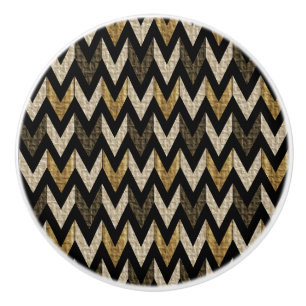 Black, Tan and Gold Herringbone Textured Design Ceramic Knob