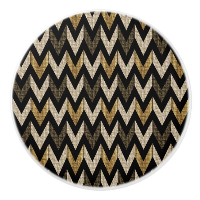 Black, Tan and Gold Herringbone Textured Design Ceramic Knob (Front)