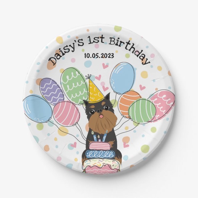 Black Tan Brussels Griffon Dog Birthday Party Paper Plate (Front)
