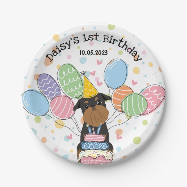 Black Tan Brussels Griffon Dog Birthday Party Paper Plate (Front)