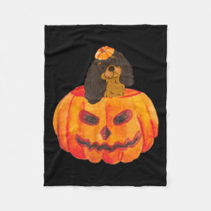 Black Tan Cavalier Dog Happy Halloween Pumpkin Fleece Blanket