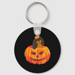Black Tan Cavalier Dog Happy Halloween Pumpkin Keychain