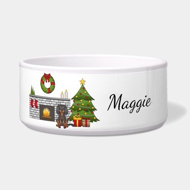 Black & Tan Cavalier In A Christmas Room & Name (Front)