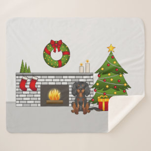 Black & Tan Cavalier In A Festive Christmas Room Sherpa Blanket