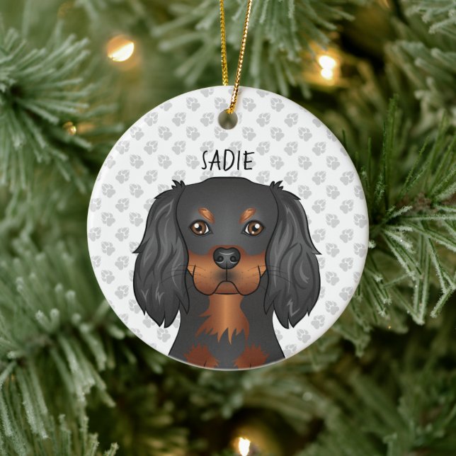 Black & Tan Cavalier King Charles Dog Head & Name Ceramic Ornament (Tree)