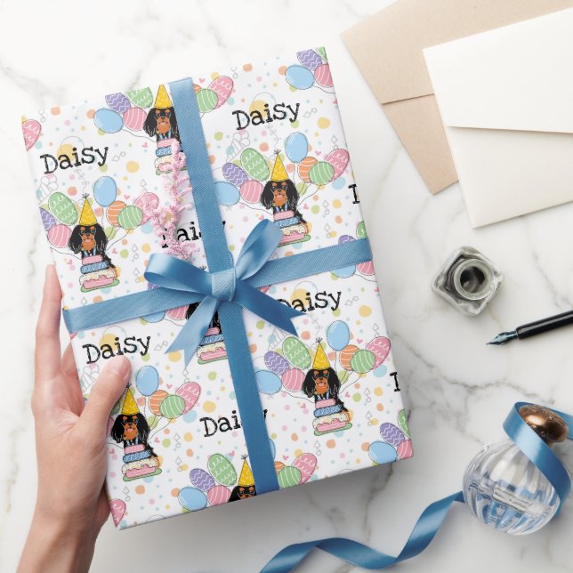 Black Tan Cavalier King Charles Spaniel Birthday Wrapping Paper (Gifting)