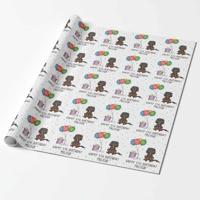 Black & Tan Cavalier King Charles Spaniel Birthday Wrapping Paper (Unrolled)
