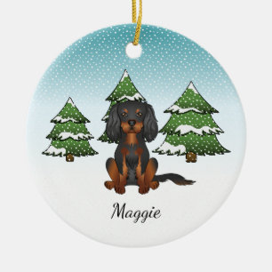 Black Tan Cavalier King Charles Spaniel In Winter Ceramic Ornament