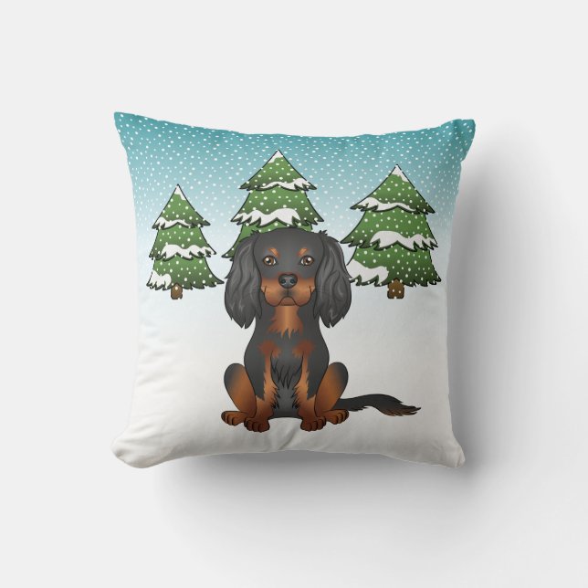Black Tan Cavalier King Charles Spaniel In Winter Throw Pillow (Front)