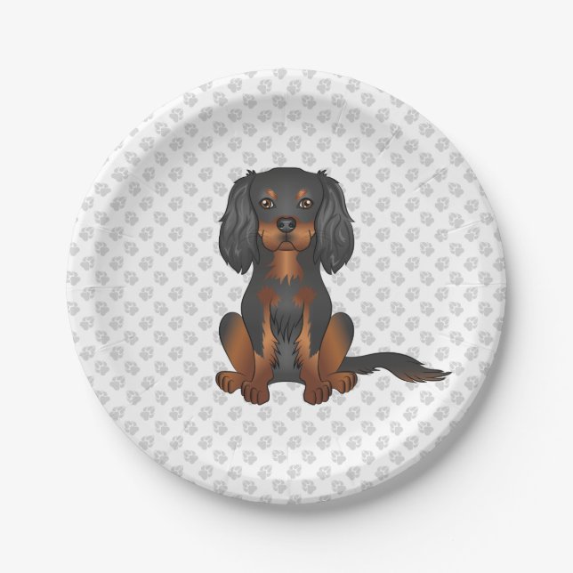 Black & Tan Cavalier King Charles Spaniel & Paws Paper Plate (Front)