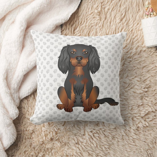 Black & Tan Cavalier King Charles Spaniel & Paws Throw Pillow (Blanket)